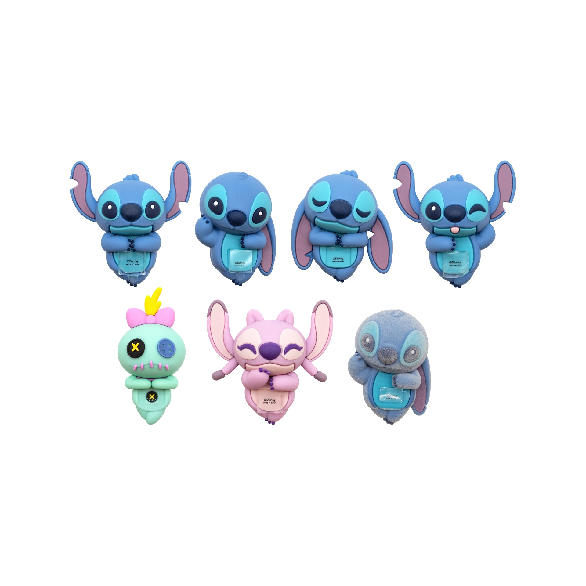 Six small character figures arranged on a plain white background, including three blue cartoon-style characters and three pastel character figures with pink, mint, and lavender tones.