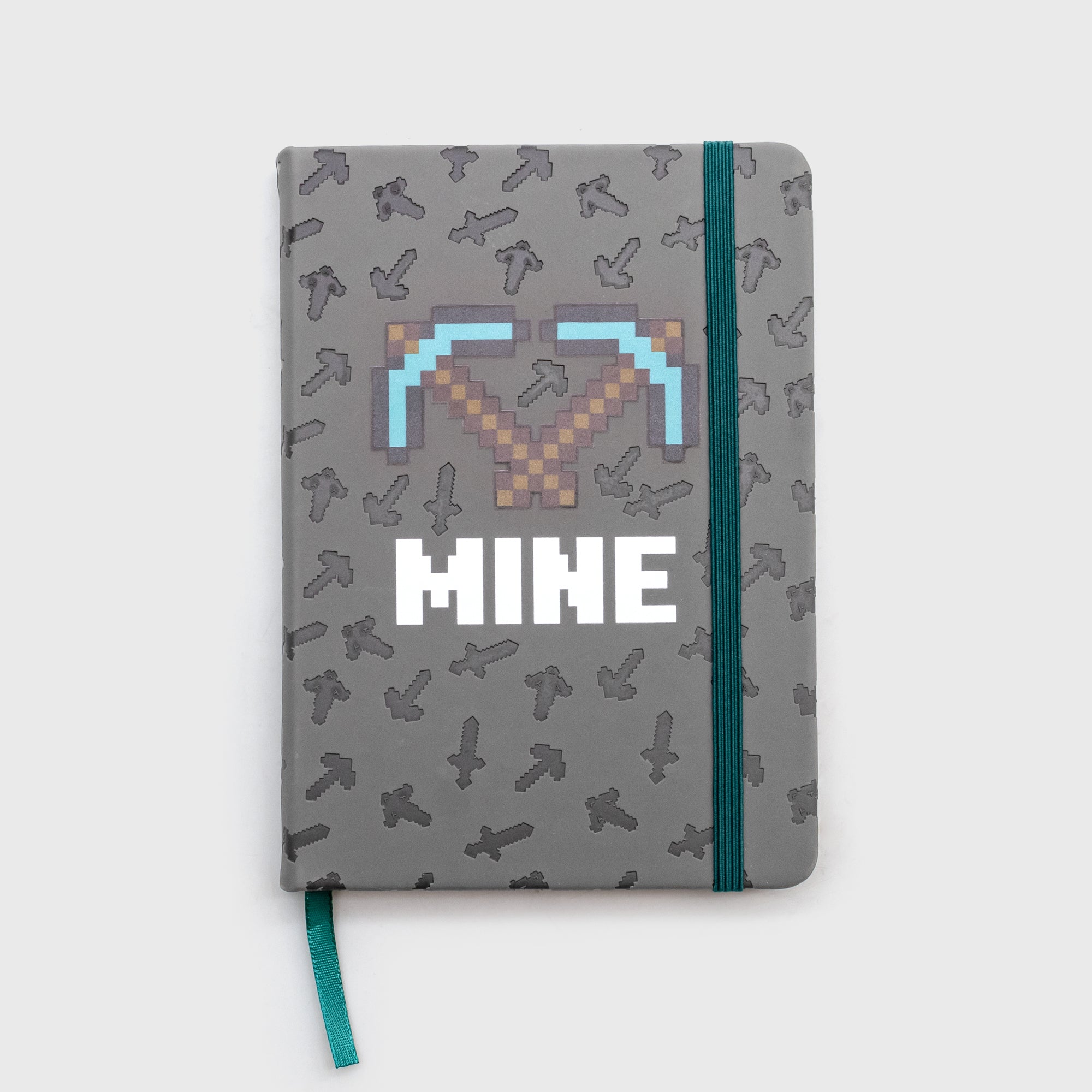 notebook. swords and pickaxes pattern. 2 diamond pickaxes. text: mine