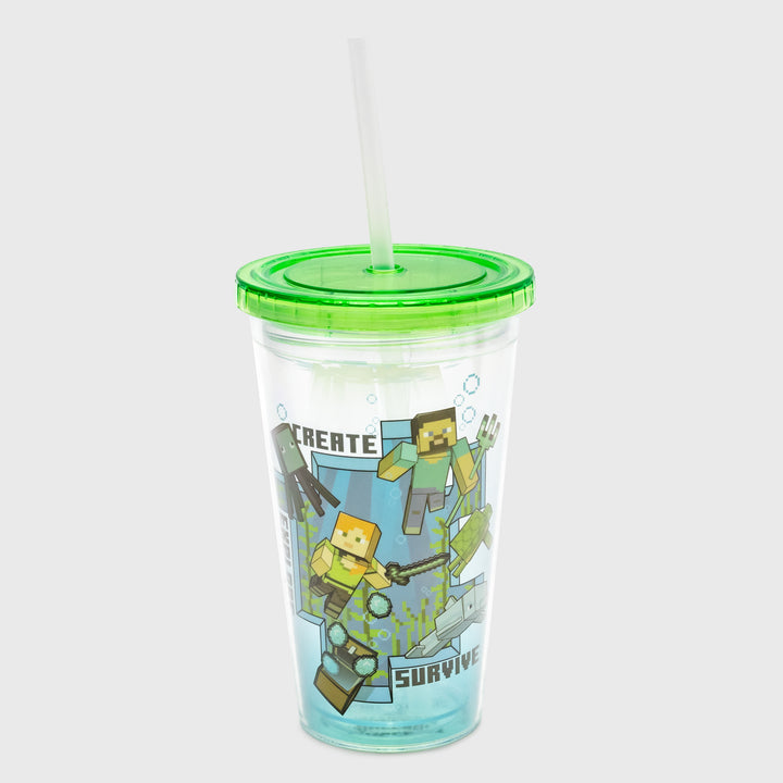tumbler with straw. image: steve and alex swimming with treasure, dolphin, squid, and turtle. text: create, explore, survive.