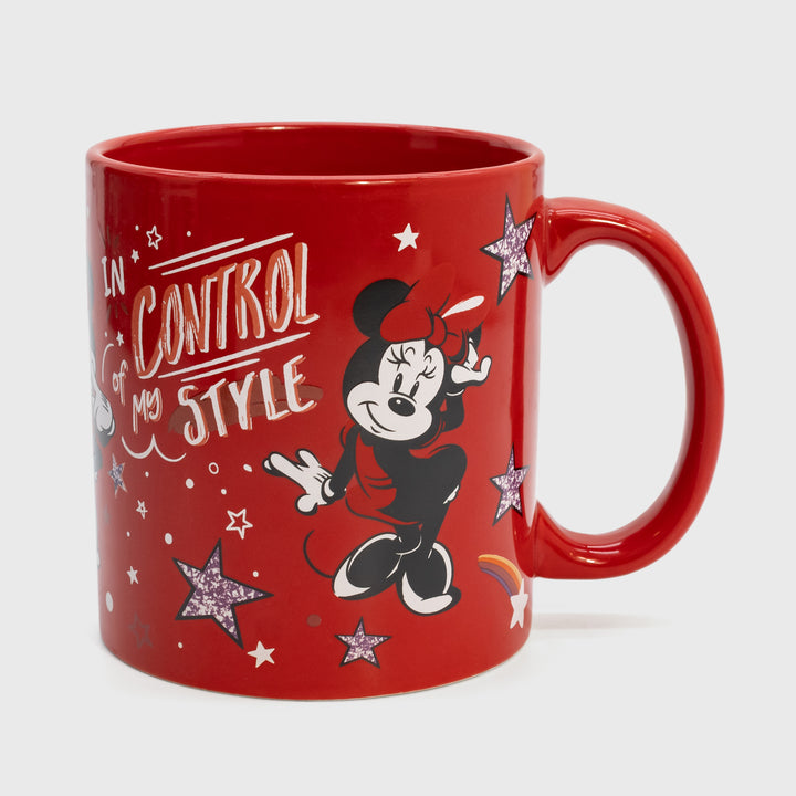 minnie mouse mug side 2. image: minnie mouse standing. stars, circles, and a shooting star. text: in control of my style
