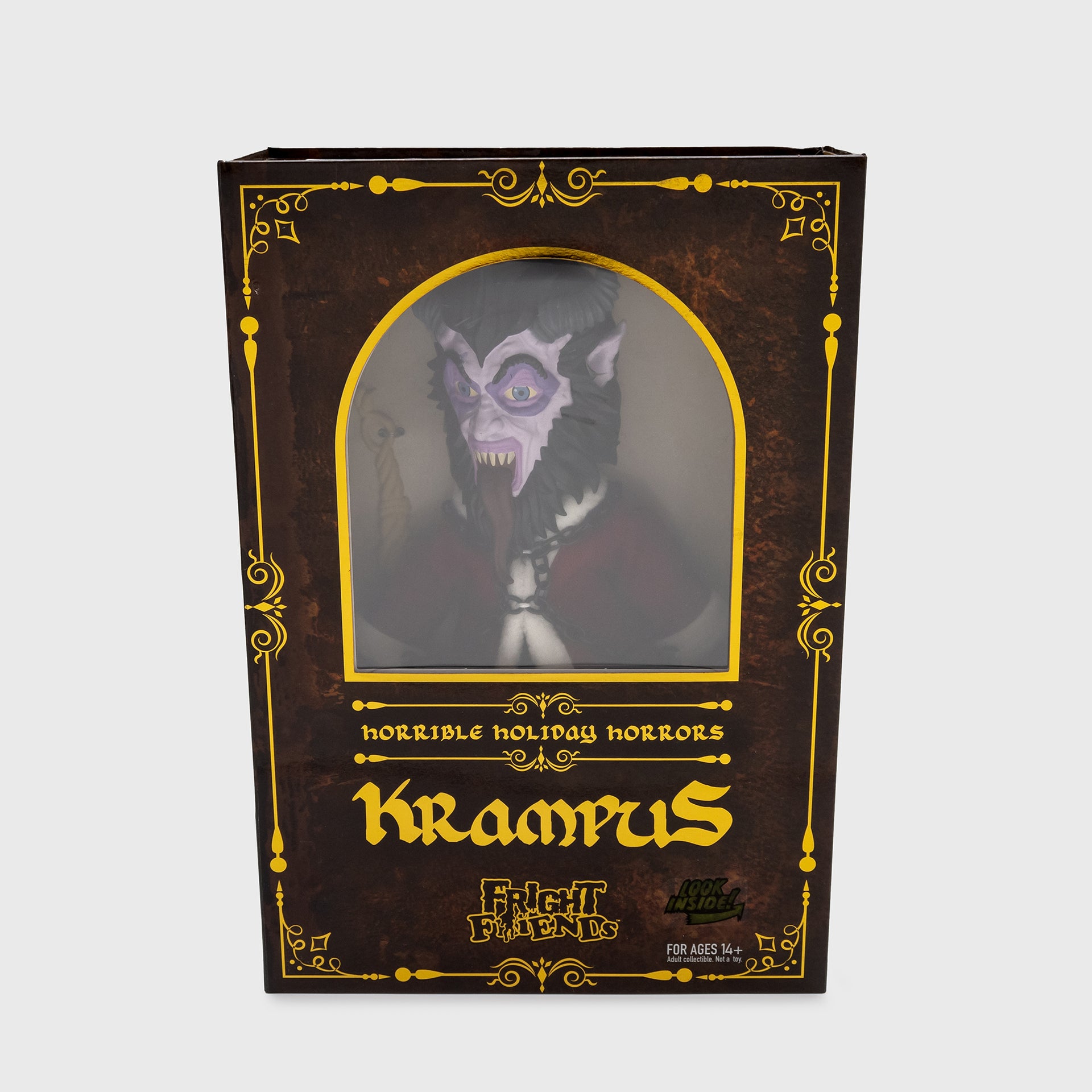 front of krampus box packaging. text: horrible holiday horrors krampus fright fiends.