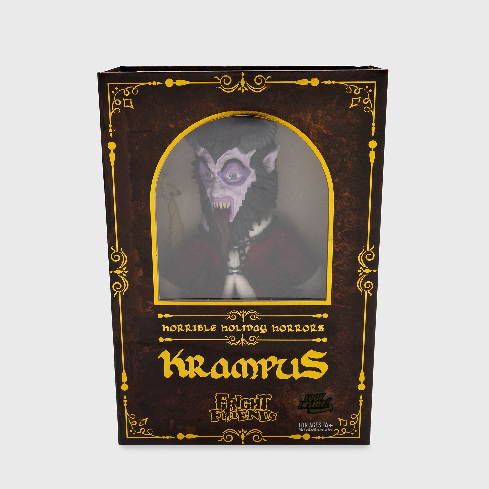 front of krampus box packaging. text: horrible holiday horrors krampus fright fiends.