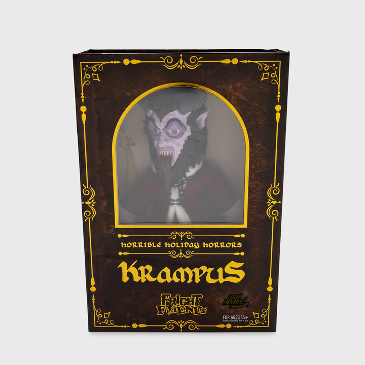 front of krampus box packaging. text: horrible holiday horrors krampus fright fiends.