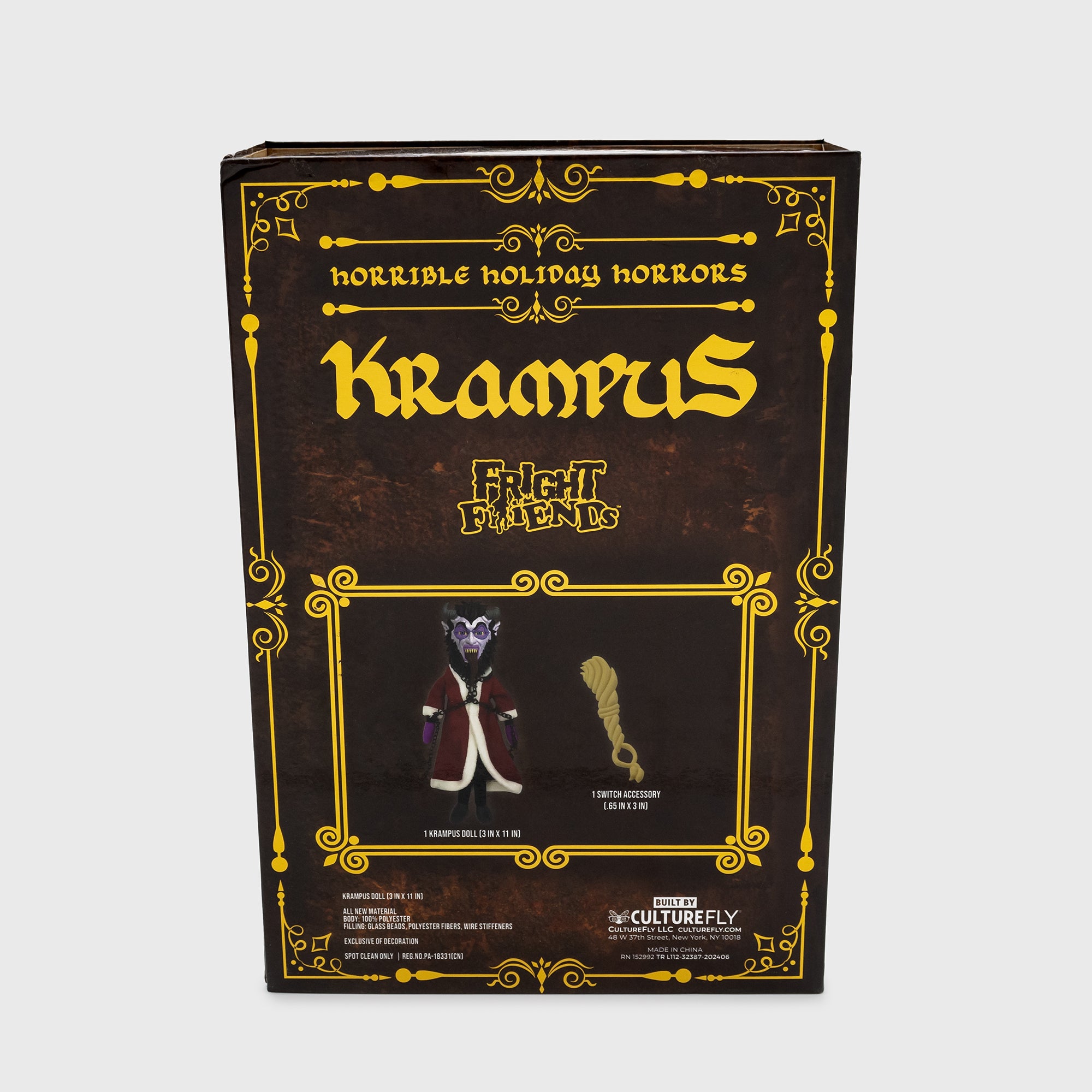 back of krampus box packaging. text: horrible holiday horrors krampus fright fiends.