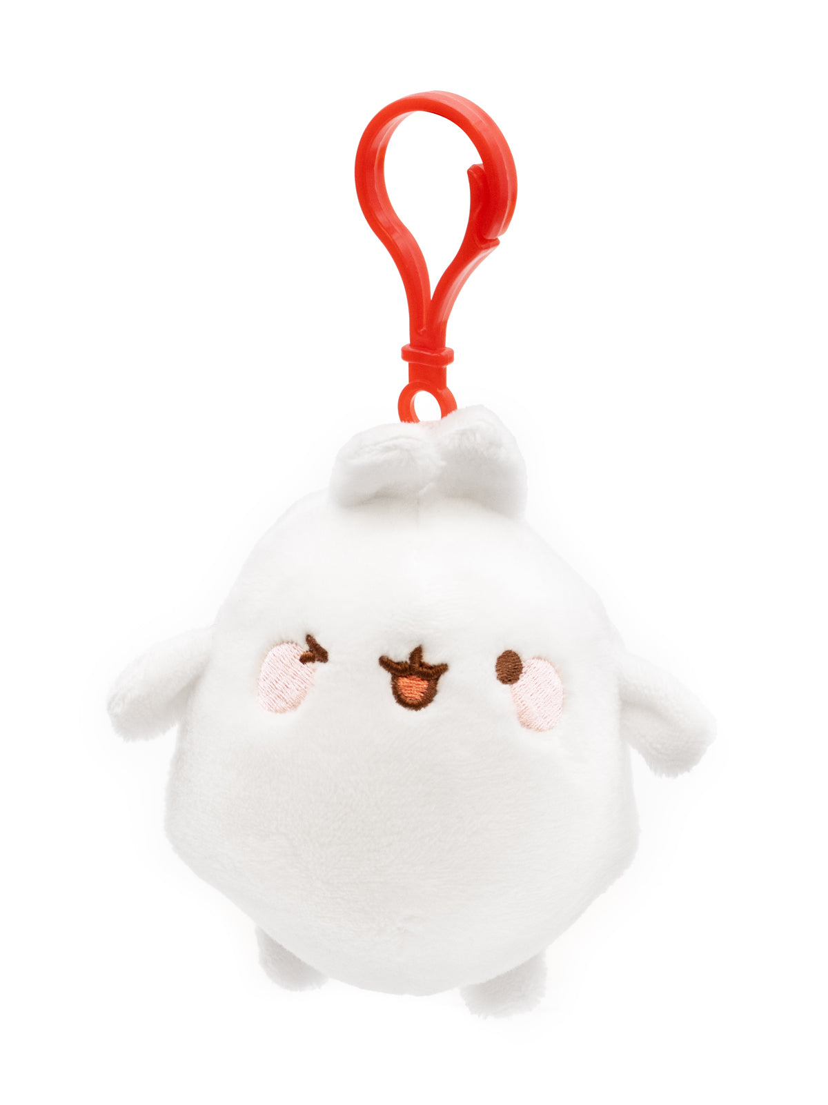 Plush keychain with a white character and red clip on a white background