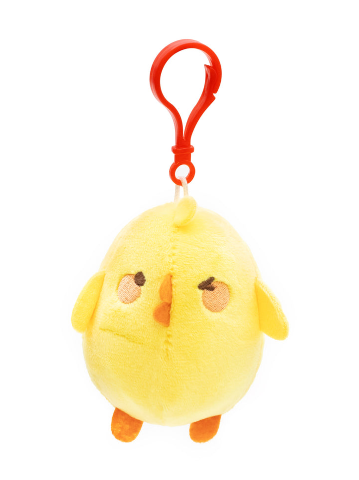Plush chick keychain with a red clip on a white background