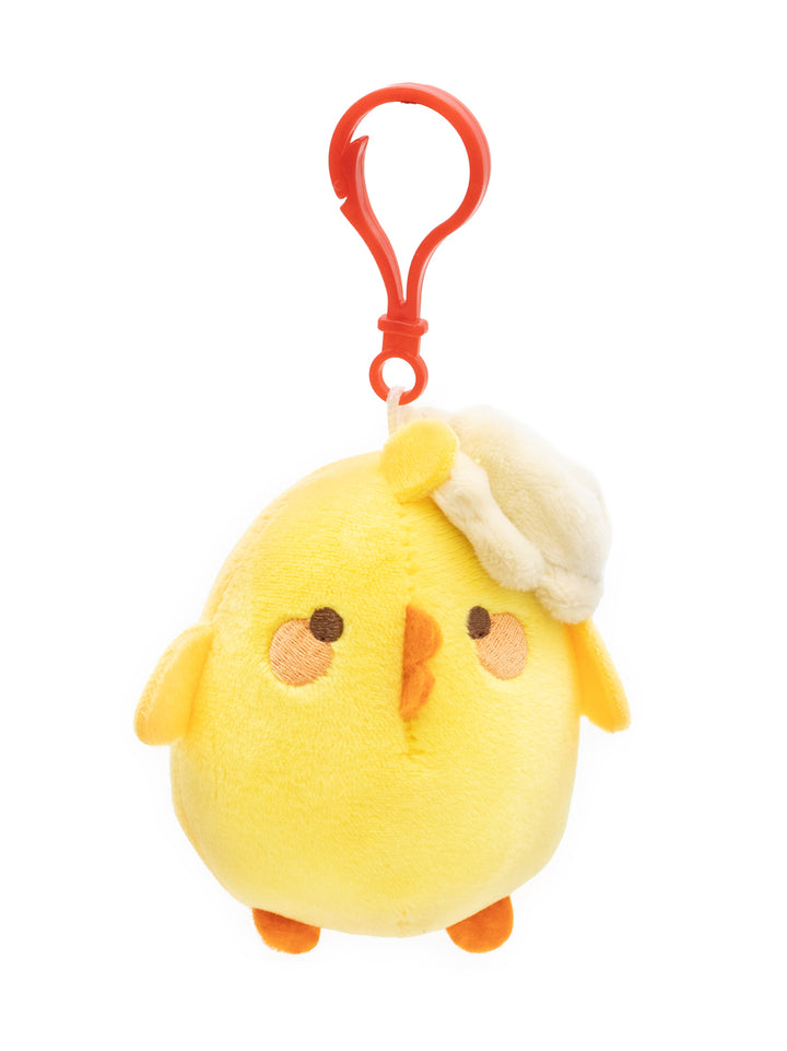 Plush toy chick with a red clip on a white background