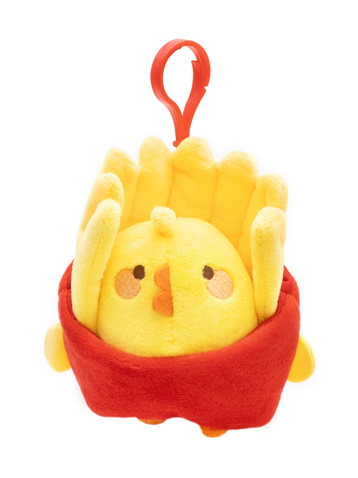 Plush toy of a yellow chick in a red outfit with a clip on top, on a white background