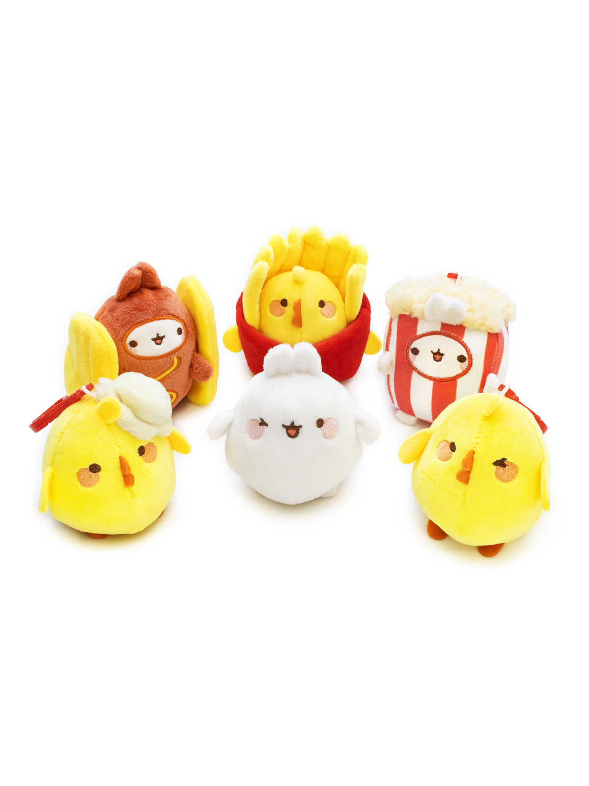 Set of cute plush toys resembling cartoon characters on a white background