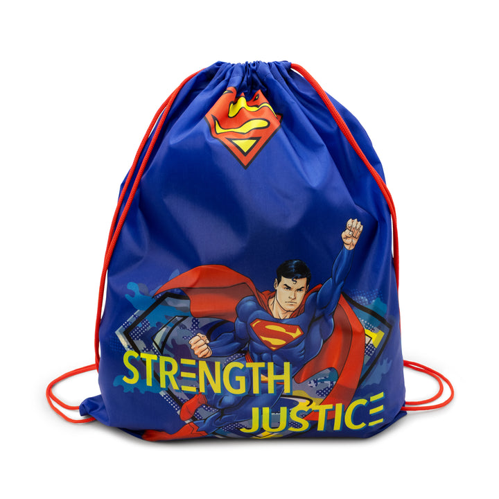 Superman-themed drawstring bag with superhero graphic and 'Strength Justice' text on a white background