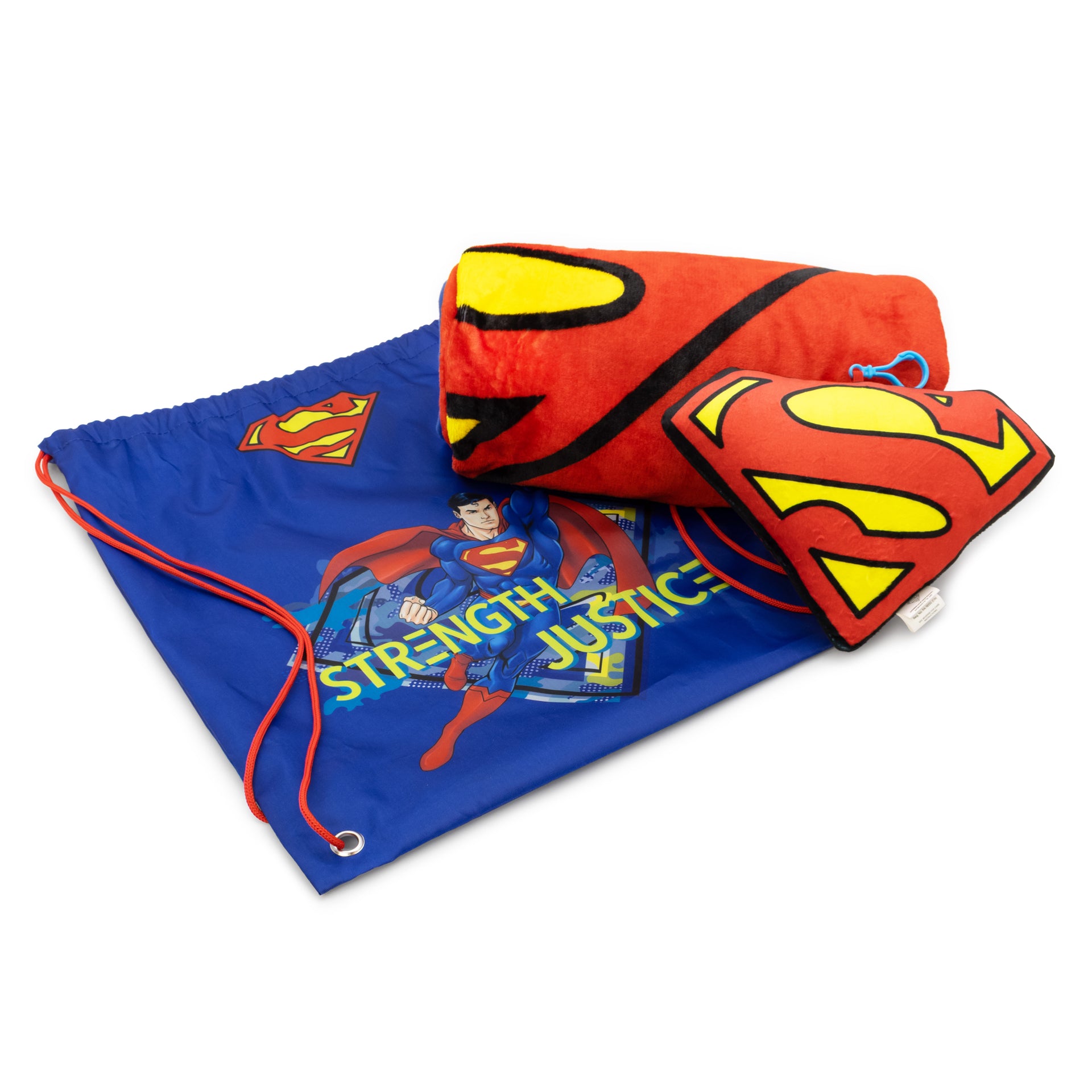 Superman-themed drawstring bag and pouch on a white background