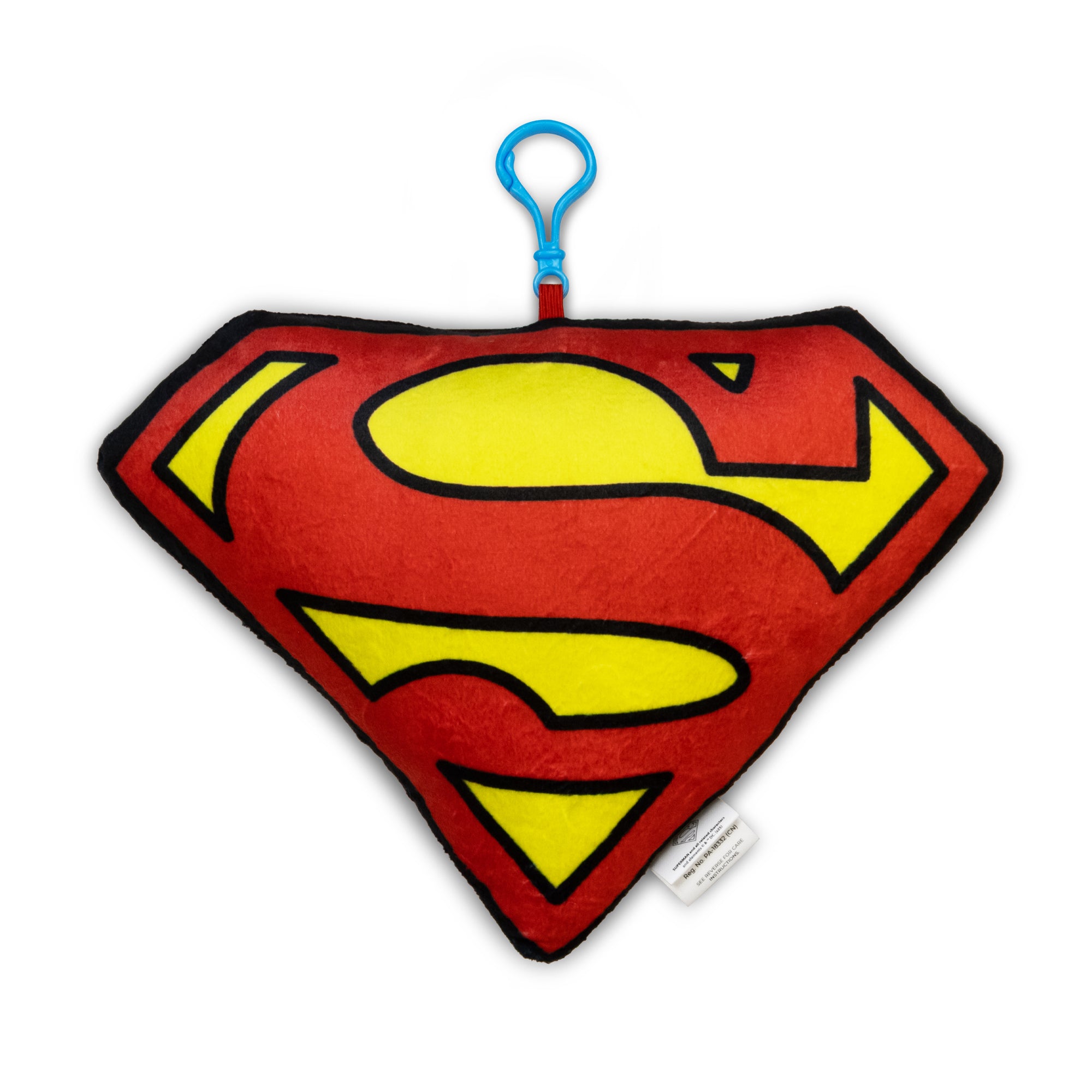 Superman logo plush toy with a blue clip on a white background