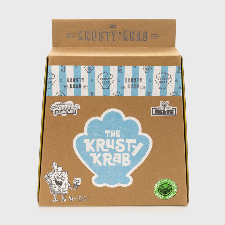 front of packaging. text: the krusty krab. est. 1999. spongebob squarepants. 4 vinyl ice cream bars. culturefly meltz. convention exclusive built in nyc.