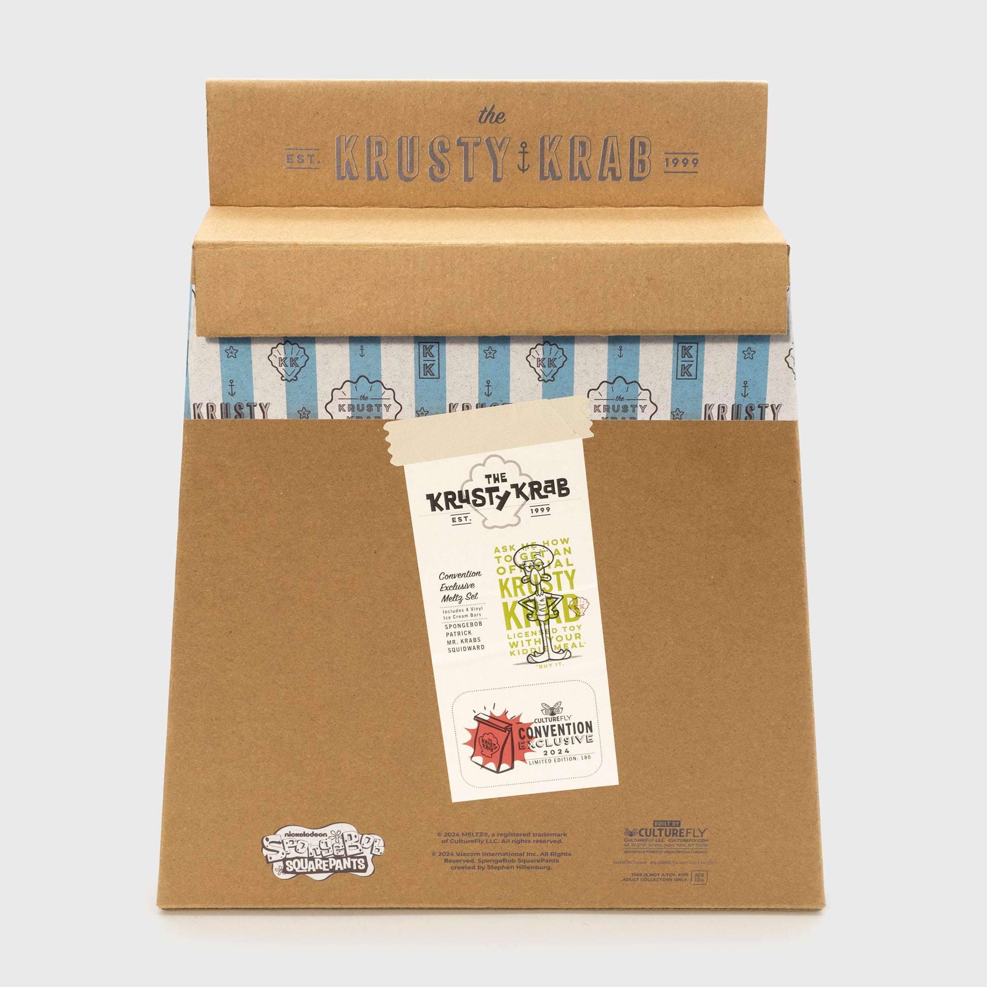 back of packaging. text: the krusty krab est. 1999. convention exclusive meltz set. includes 4 vinyl ice cream bars. spongebob patrick mr. krabs squird. ask me how to get an official krusty krab licensed toy with your kiddie meal. buy it. 