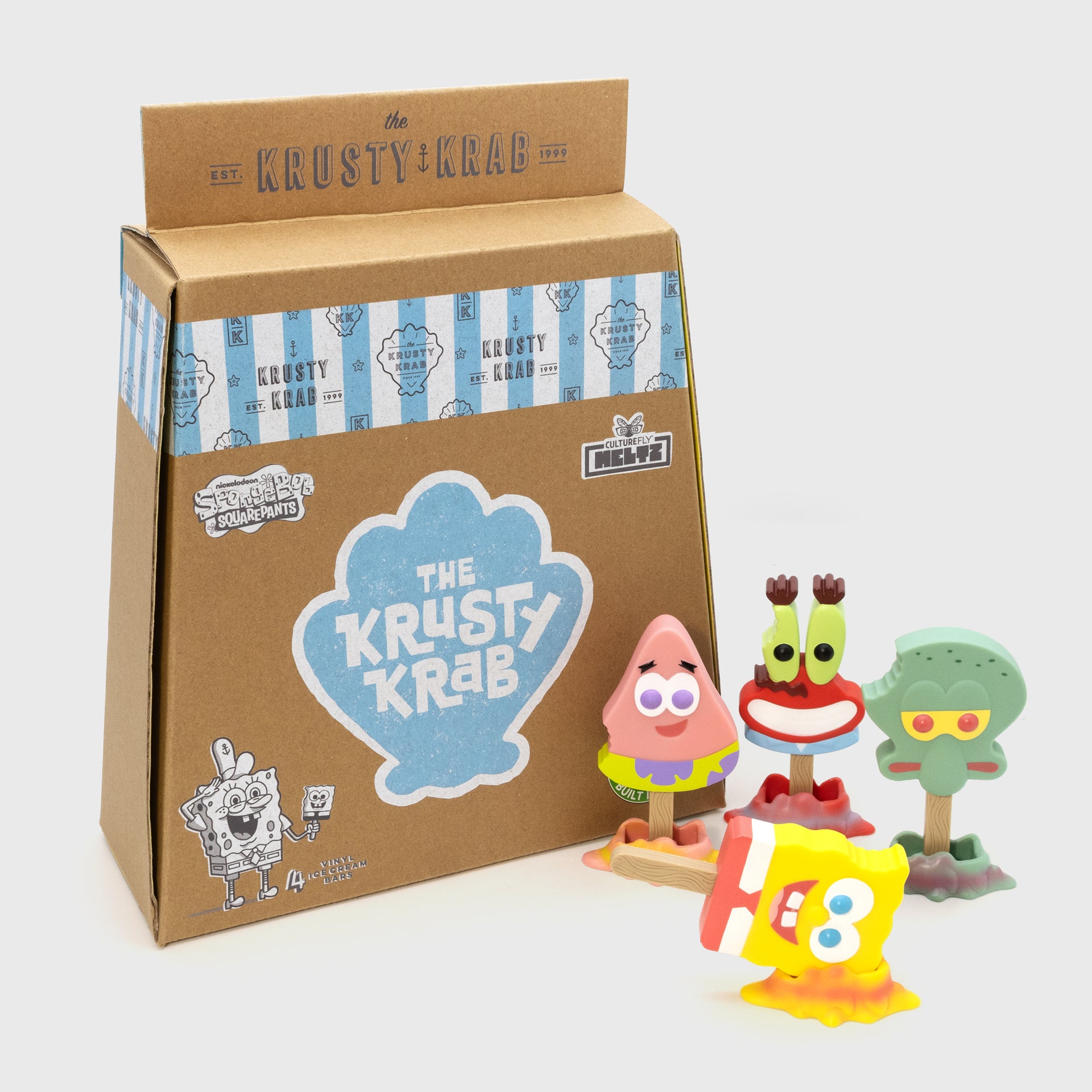 spongebob squarepants meltz 4-pack. showing the four meltz: spongebob, patrick, mr. krabs, squidward. packaging box.