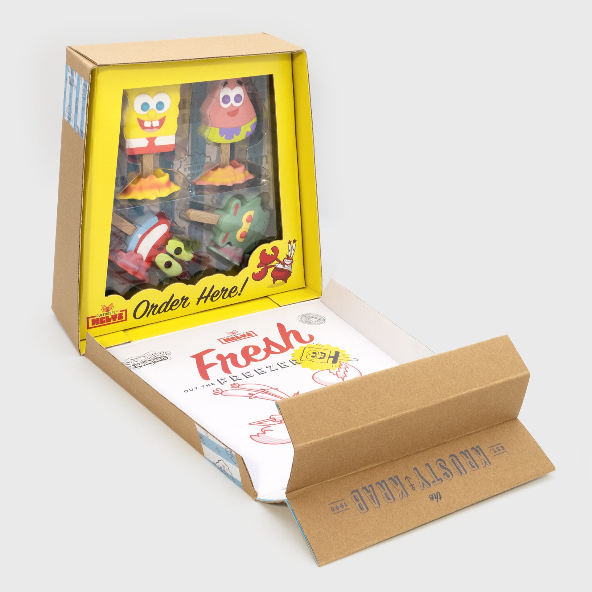 opened packaging with meltz inside. text: the krusty krab. order here! culturefly meltz. fresh out of the freezer. show mr. krabs holding spongebob meltz.