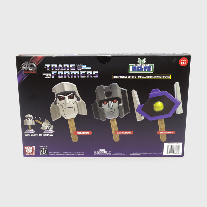 back of packaging. showing all 3 meltz. text: the transformers evil decepticon more than meets the eye! culturefly meltz. ages 13+. decepticons set of 3 - metallic meltz vinyl figures. two ways to display. megatron. starscream. shockwave.
