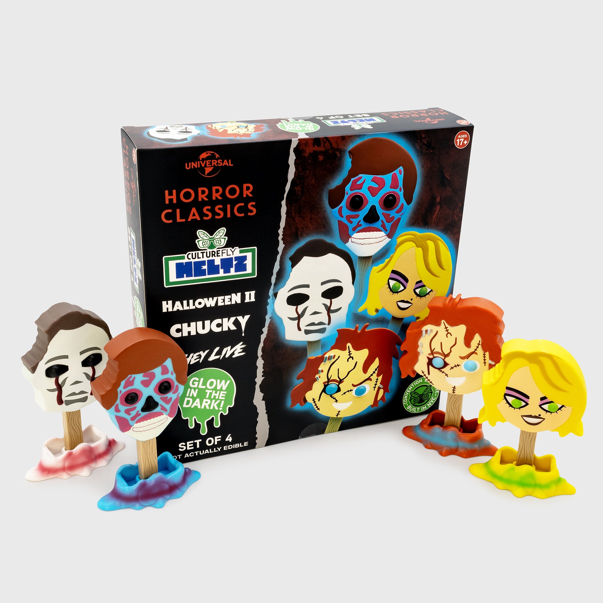 universal horror meltz packaging with meltz on stands in front.