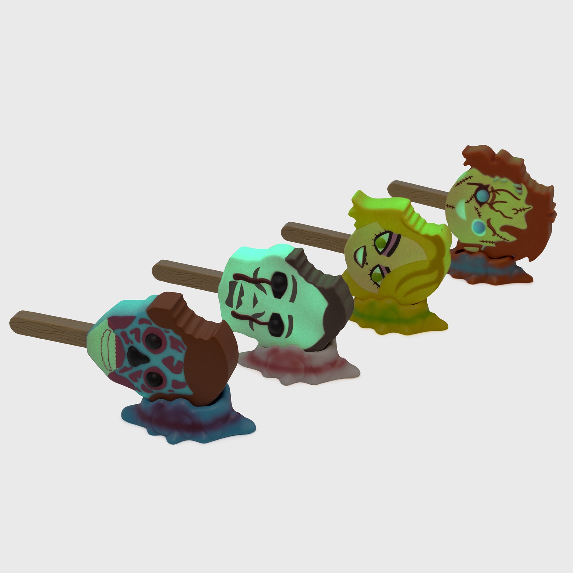 universal horror meltz glow in the dark 4 pack set. they live, michael myers, tiffany, chucky on sides.