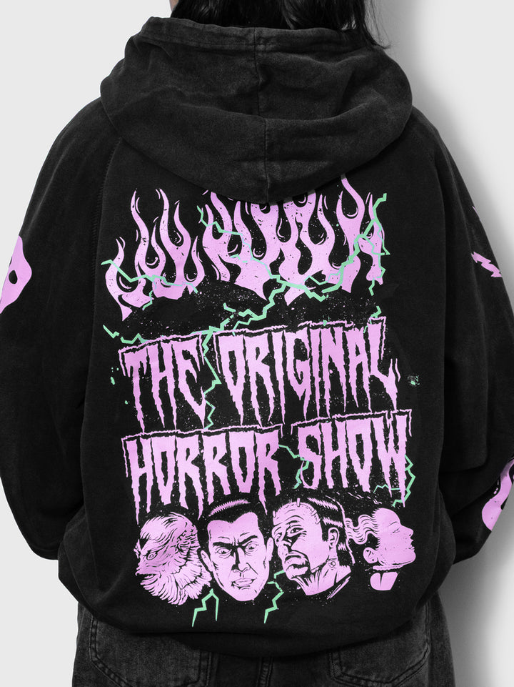 back of hoodie on model. the original horror show. gillman head, dracula head, frankenstein head, bride of frankenstein head. flames and lighting design.