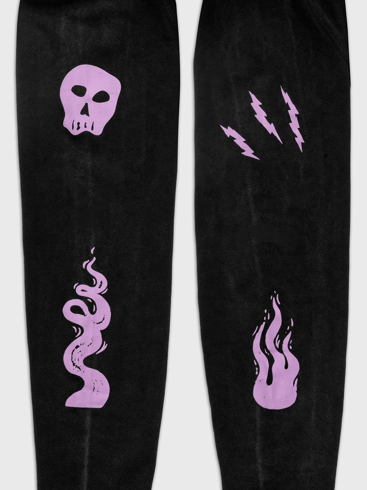 sleeve hits. skull, tall flame, lightning bolts, small flame.