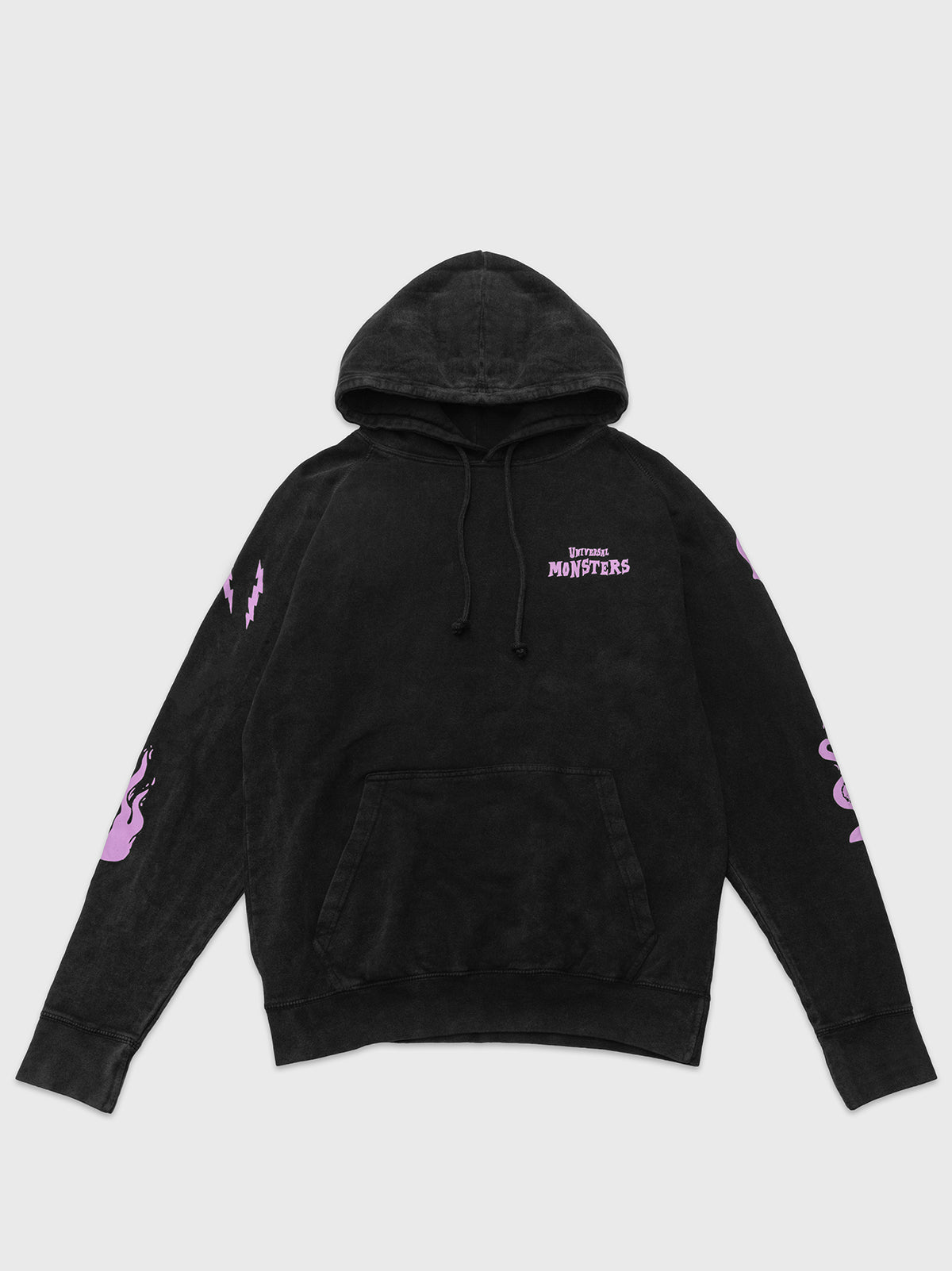 front of hoodie. front pocket. adjustable hood. universal monsters on left pocket.