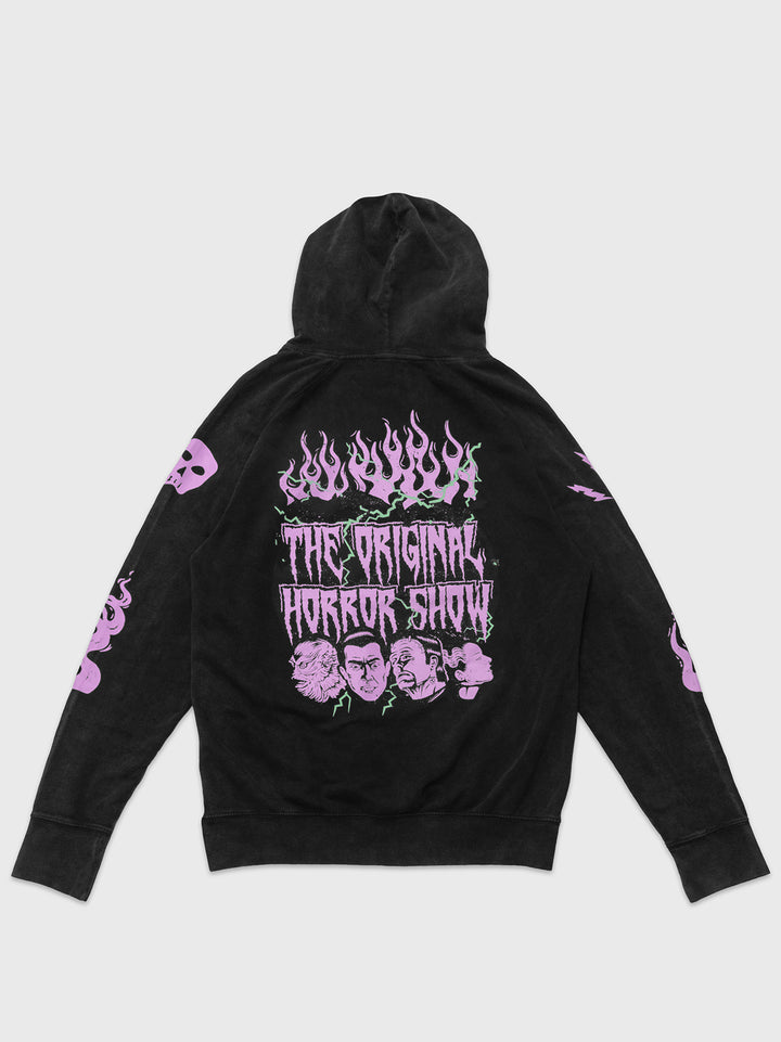 back of hoodie. the original horror show. gillman head, dracula head, frankenstein head, bride of frankenstein head. flames and lighting design.