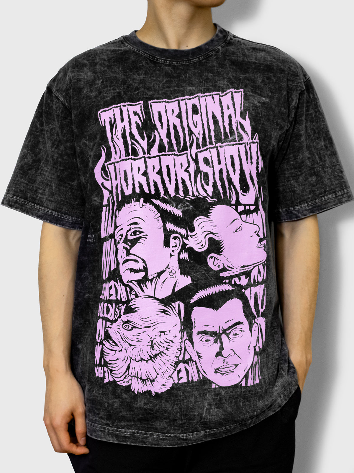 shirt on model. the original horror show. gillman head, dracula head, frankenstein head, bride of frankenstein head.