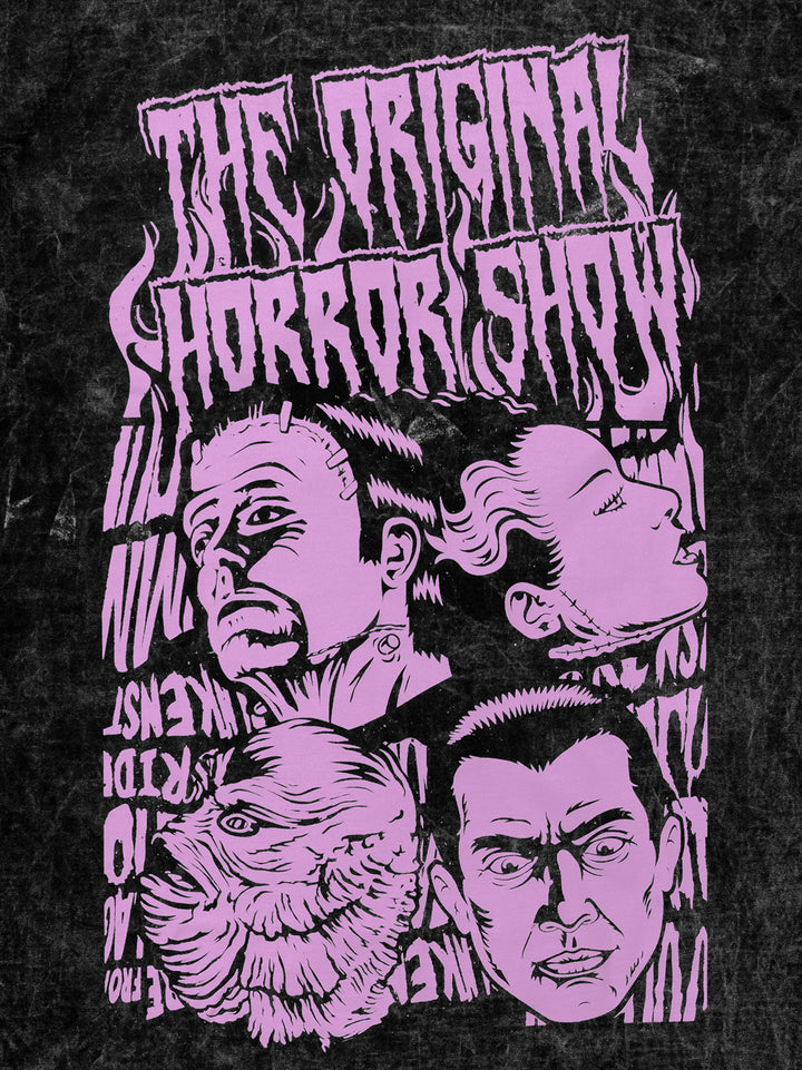 close up of design. the original horror show. gillman head, dracula head, frankenstein head, bride of frankenstein head.