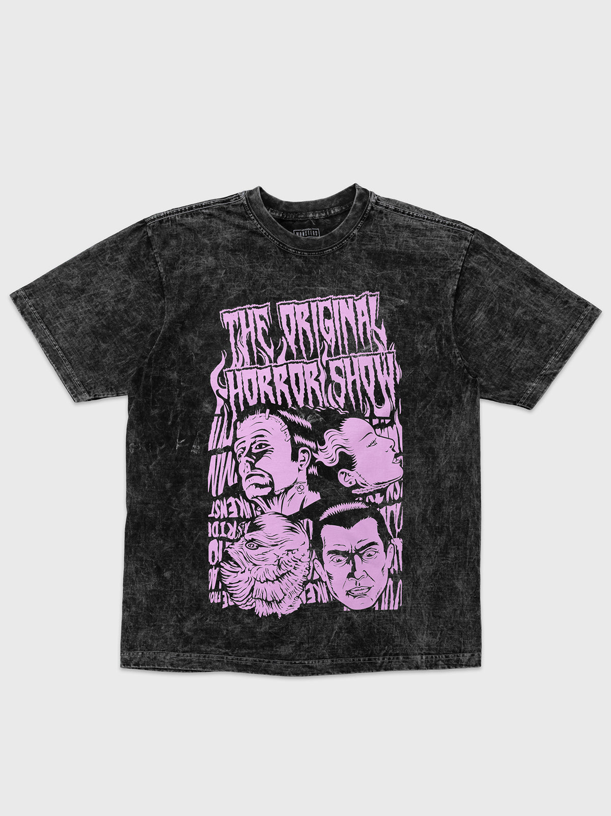 shirt. the original horror show. gillman head, dracula head, frankenstein head, bride of frankenstein head.