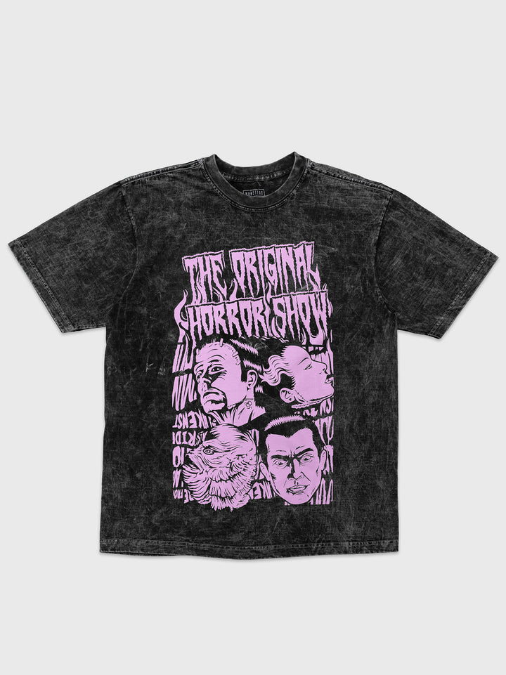 shirt. the original horror show. gillman head, dracula head, frankenstein head, bride of frankenstein head.