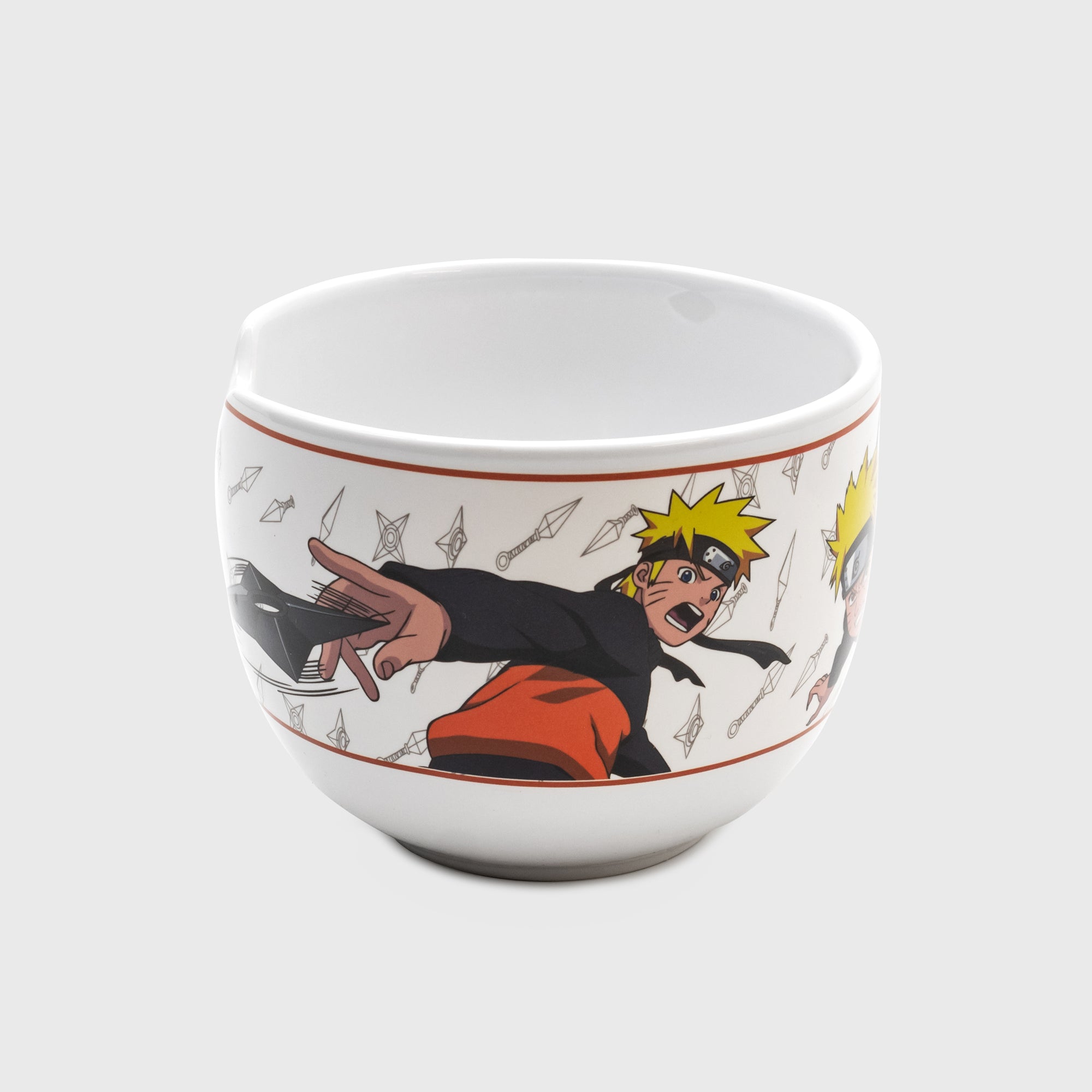 one side of bowl. image: naruto in fighting stance throwning star. 