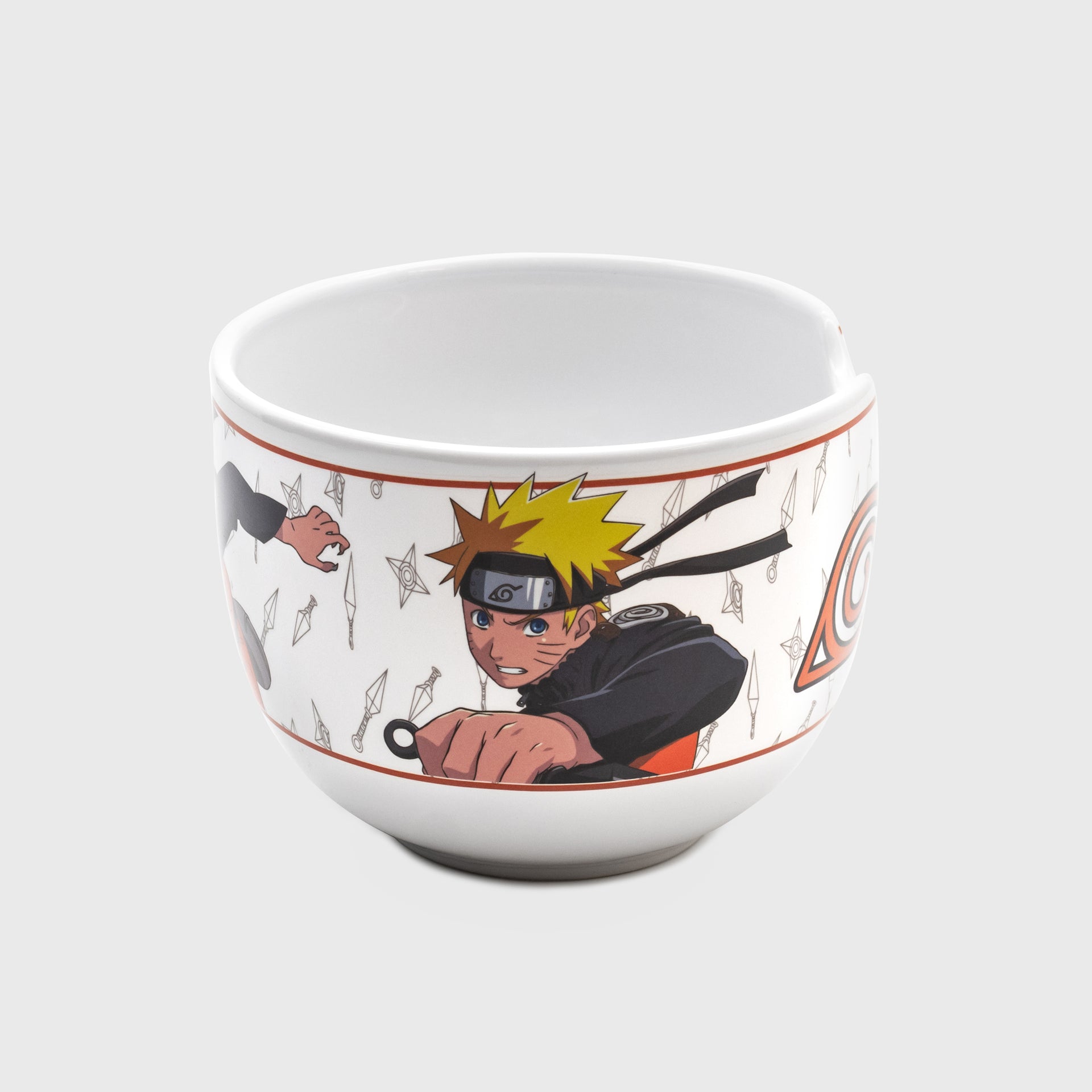 one side of bowl. image: naruto in fighting stance. weapon pattern.
