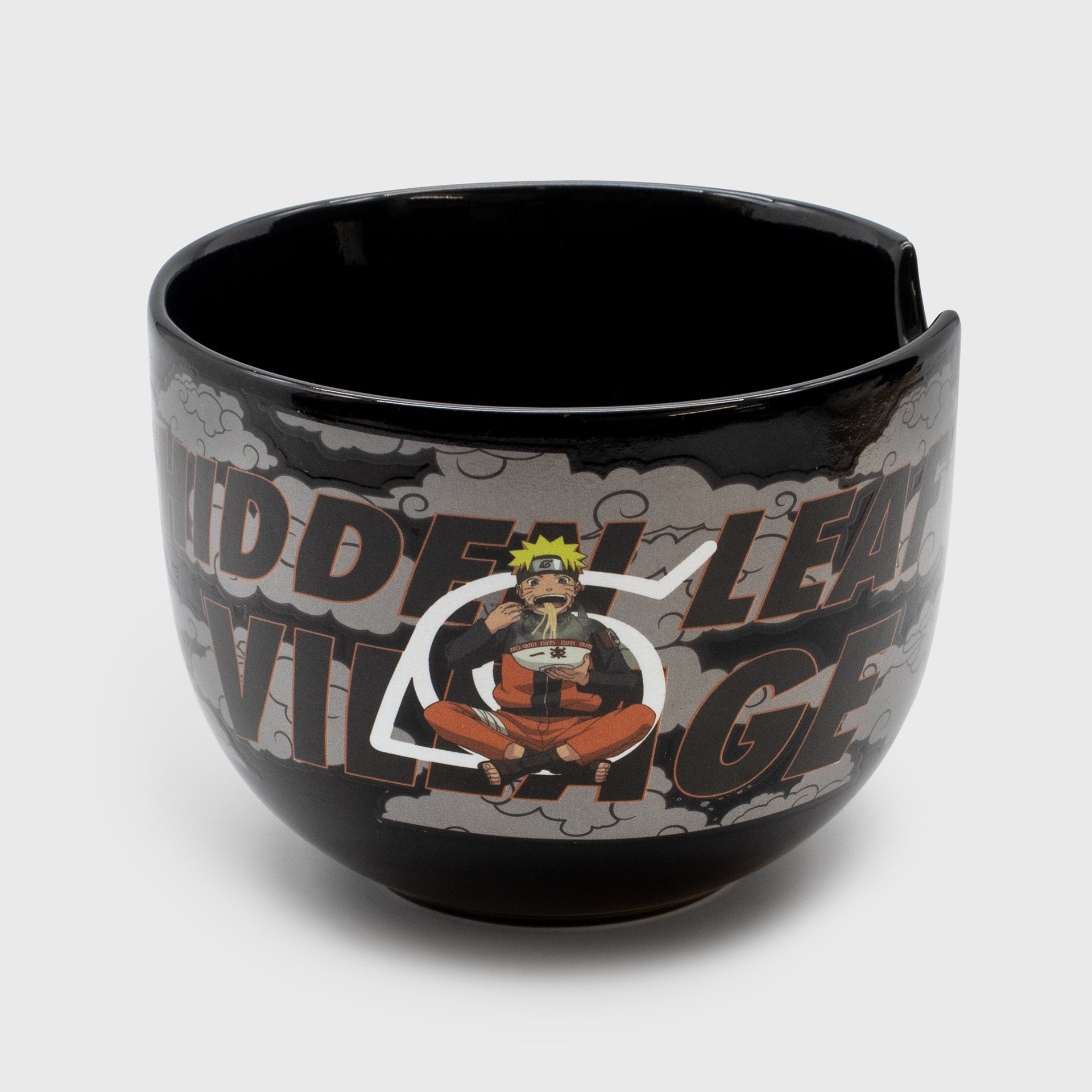 one side of ramen bowl: image of naruto eating ramen. hidden leaf village symbol. text: hidden leaf village