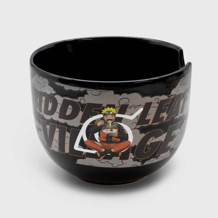 one side of ramen bowl: image of naruto eating ramen. hidden leaf village symbol. text: hidden leaf village