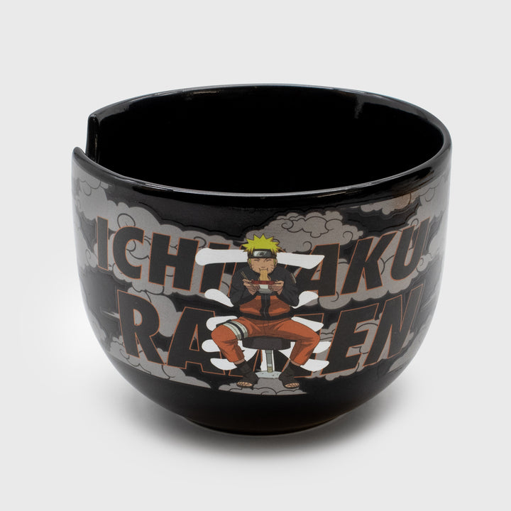 one side of ramen bowl. image: naruto eating ramen. text: ichiraku ramen