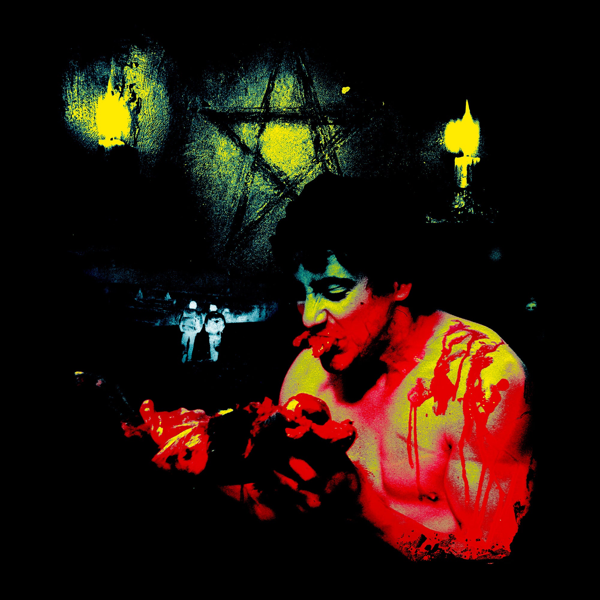 image on front: guy eating meat, two men walking, candles, pentagram
