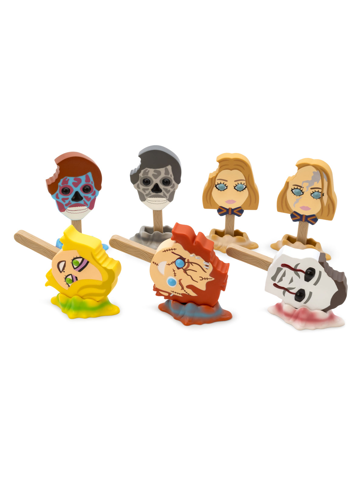 Set of colorful character figurines on a white background