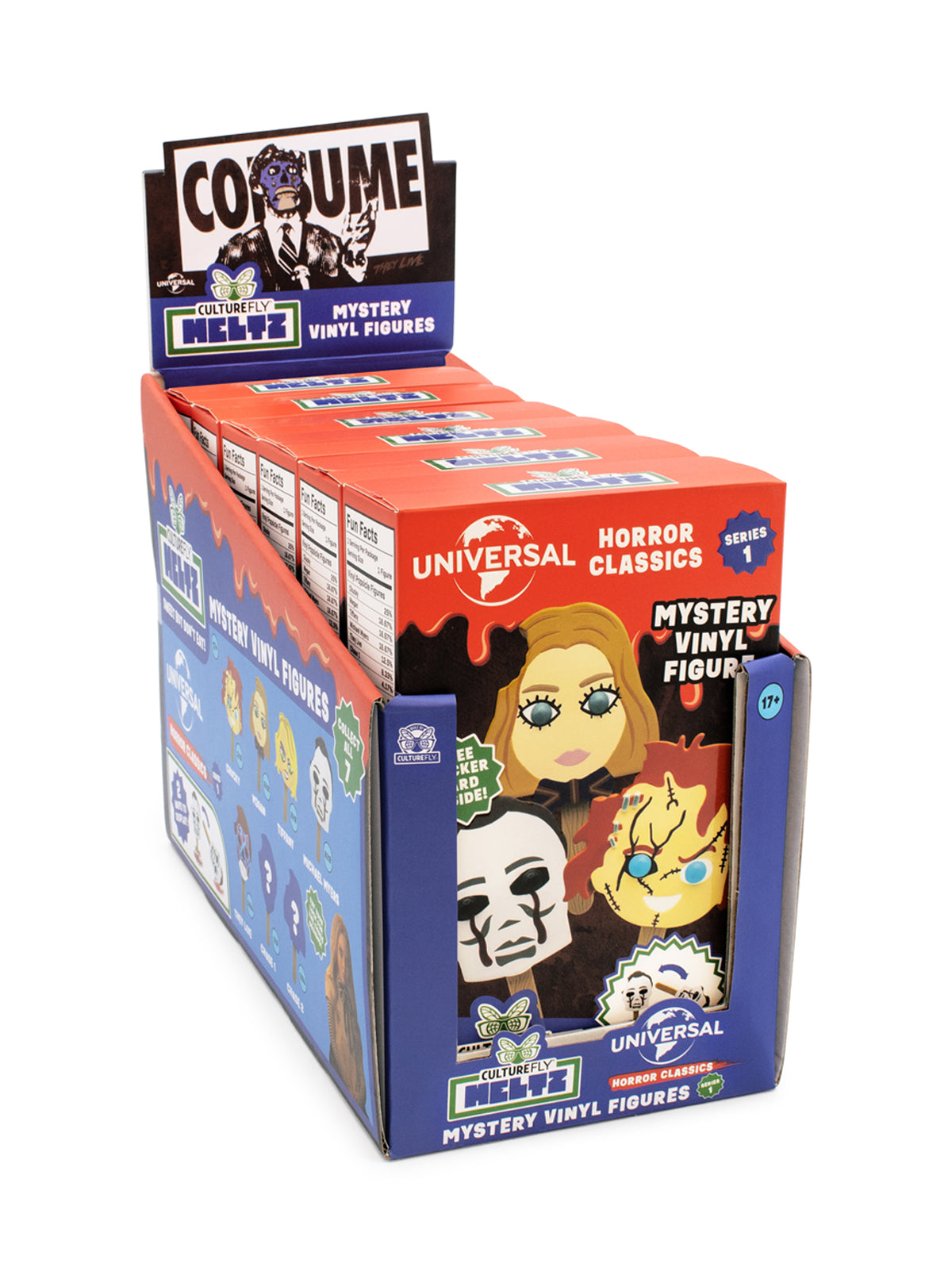 Display box of Universal Horror Classics mystery vinyl figures with character images on a white background.