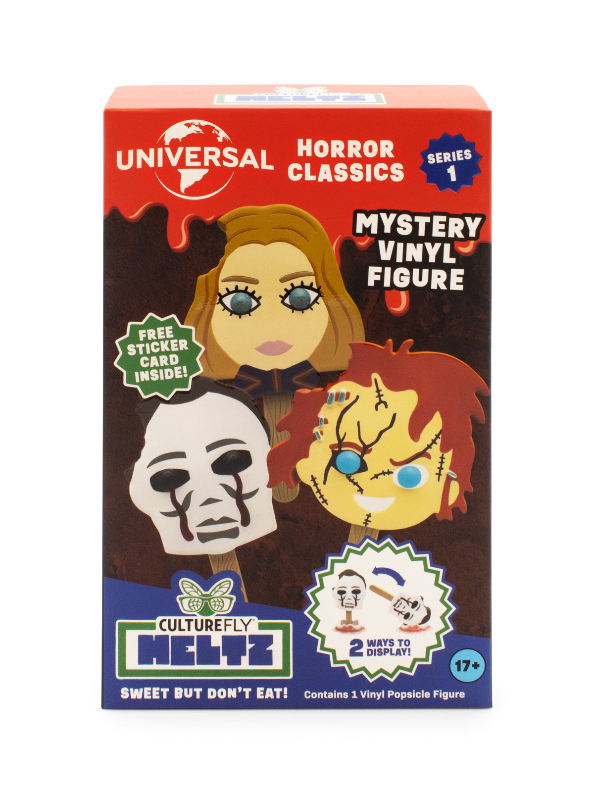 Box for a mystery vinyl figure from Universal Horror Classics featuring characters with masks and a free sticker card inside.