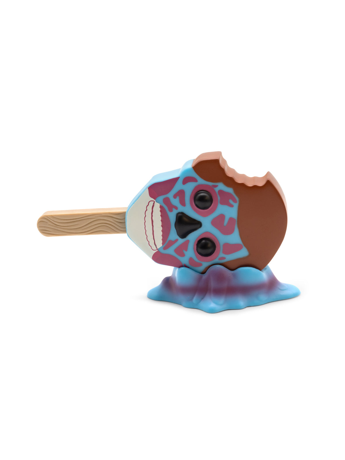 Toy resembling a melting ice cream cone with a face on a white background