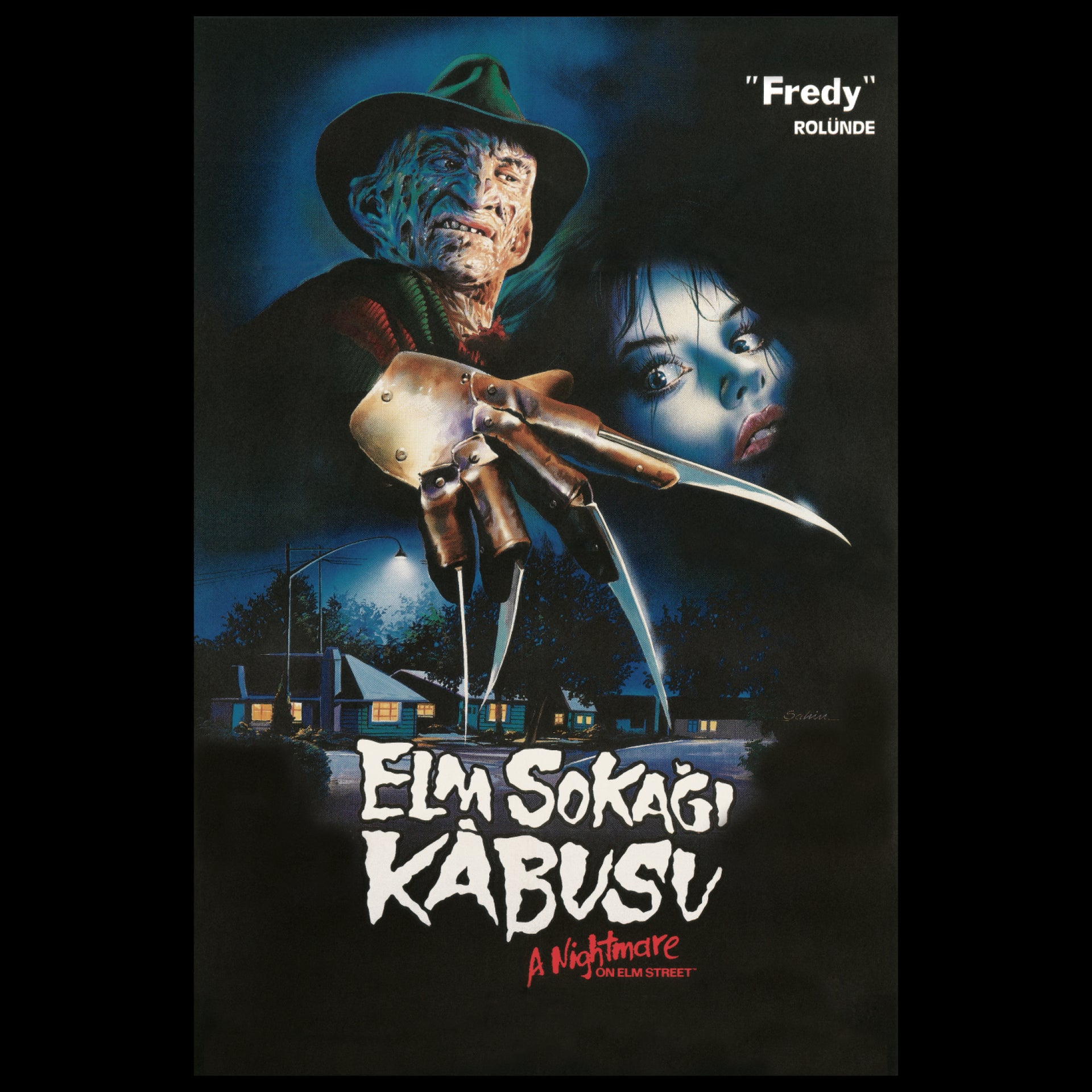 image on shirt: freddy krueger with hat, sweater and knife glove. woman scared. suburb hosues and street. text: "fredy" rolünde. elm sokagi kabusu a nightmare on elm street