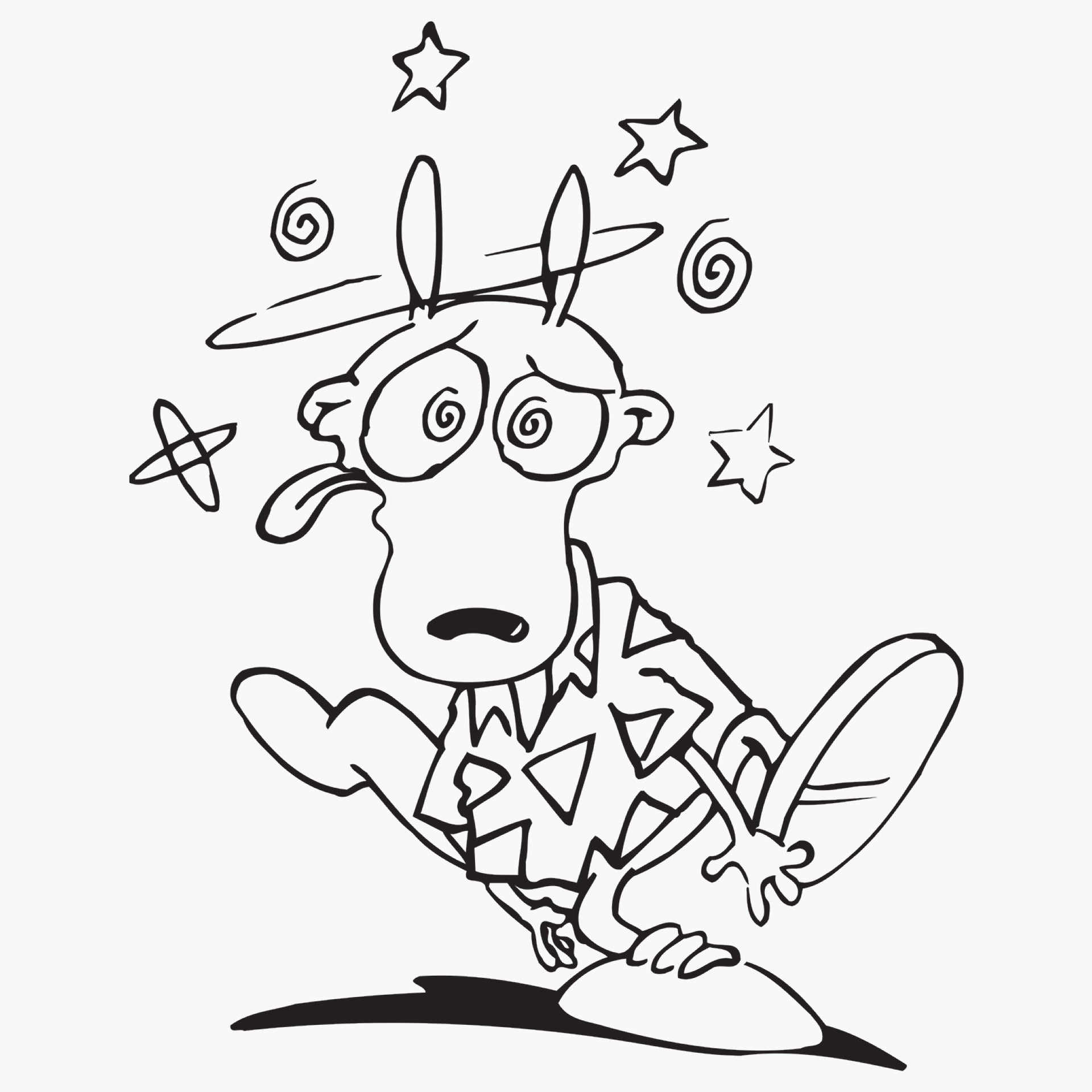 image on shirt: rocko with swirly eyes and stars and swirls around his head.