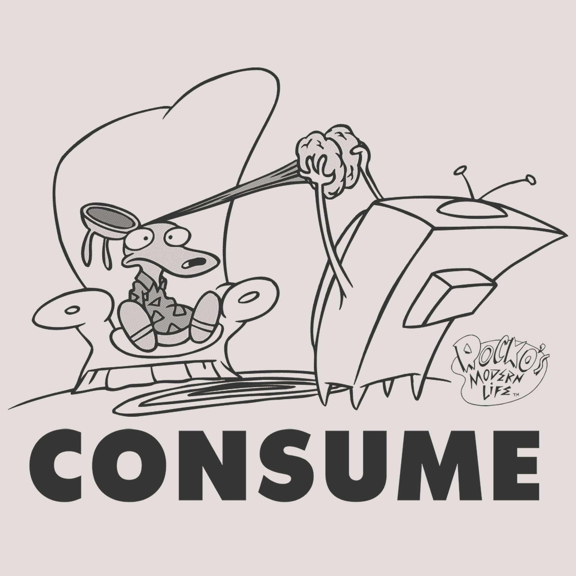 image on shirt: rocko sitting on chair with brain being pulled out of head by TV set. text: consume rocko's modern life