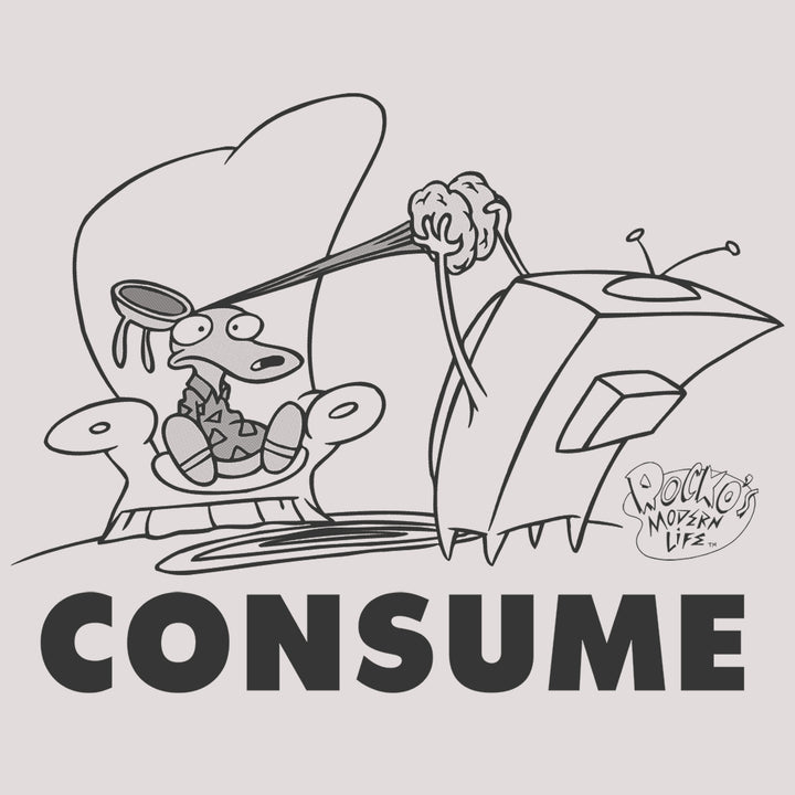 image on shirt: rocko sitting on chair with brain being pulled out of head by TV set. text: consume rocko's modern life