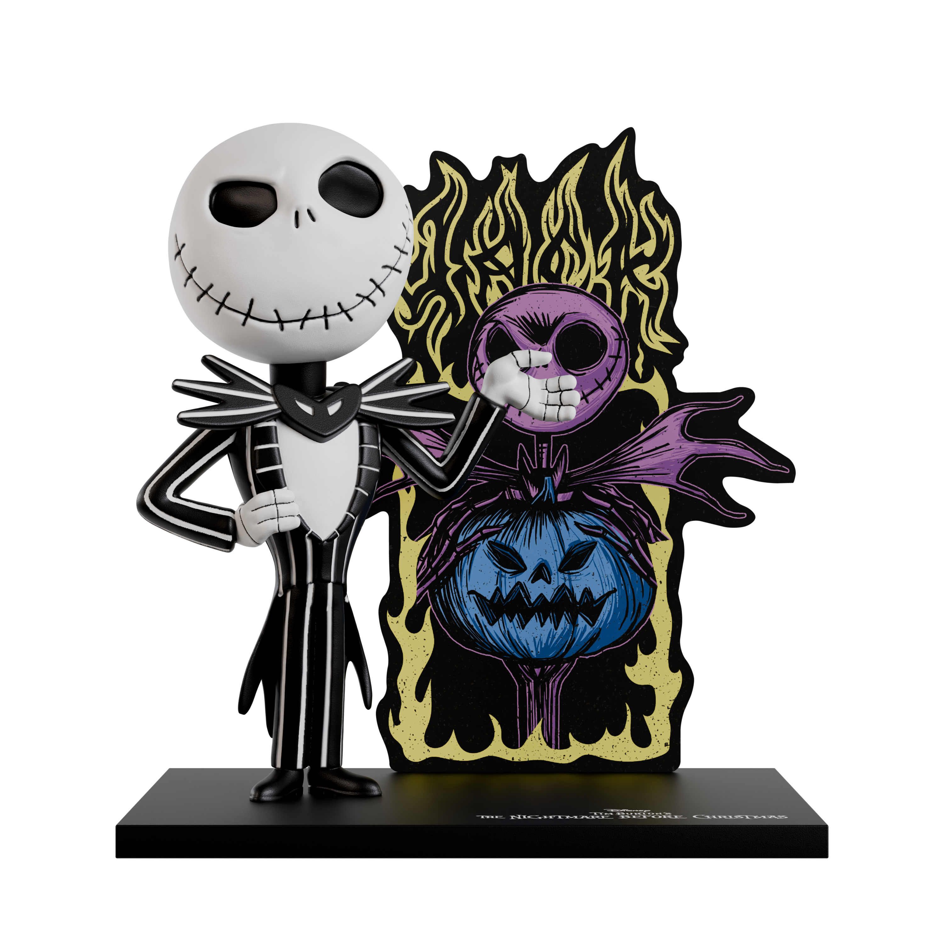 Animated character figure with a colorful pumpkin design on a white background