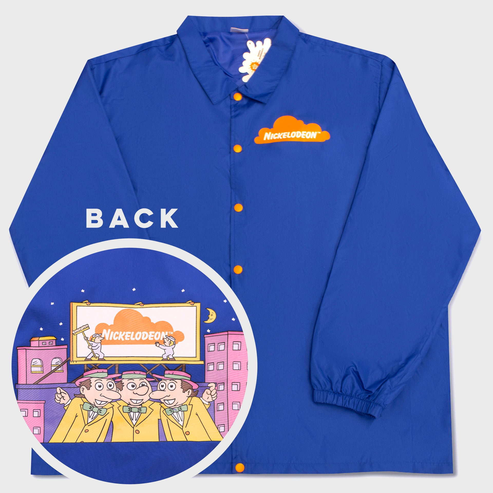 nickelodeon jacket. front: nickelodeon cloud logo. back: nickelodeon cloud logo. three guys with hats and suits with bowties. 