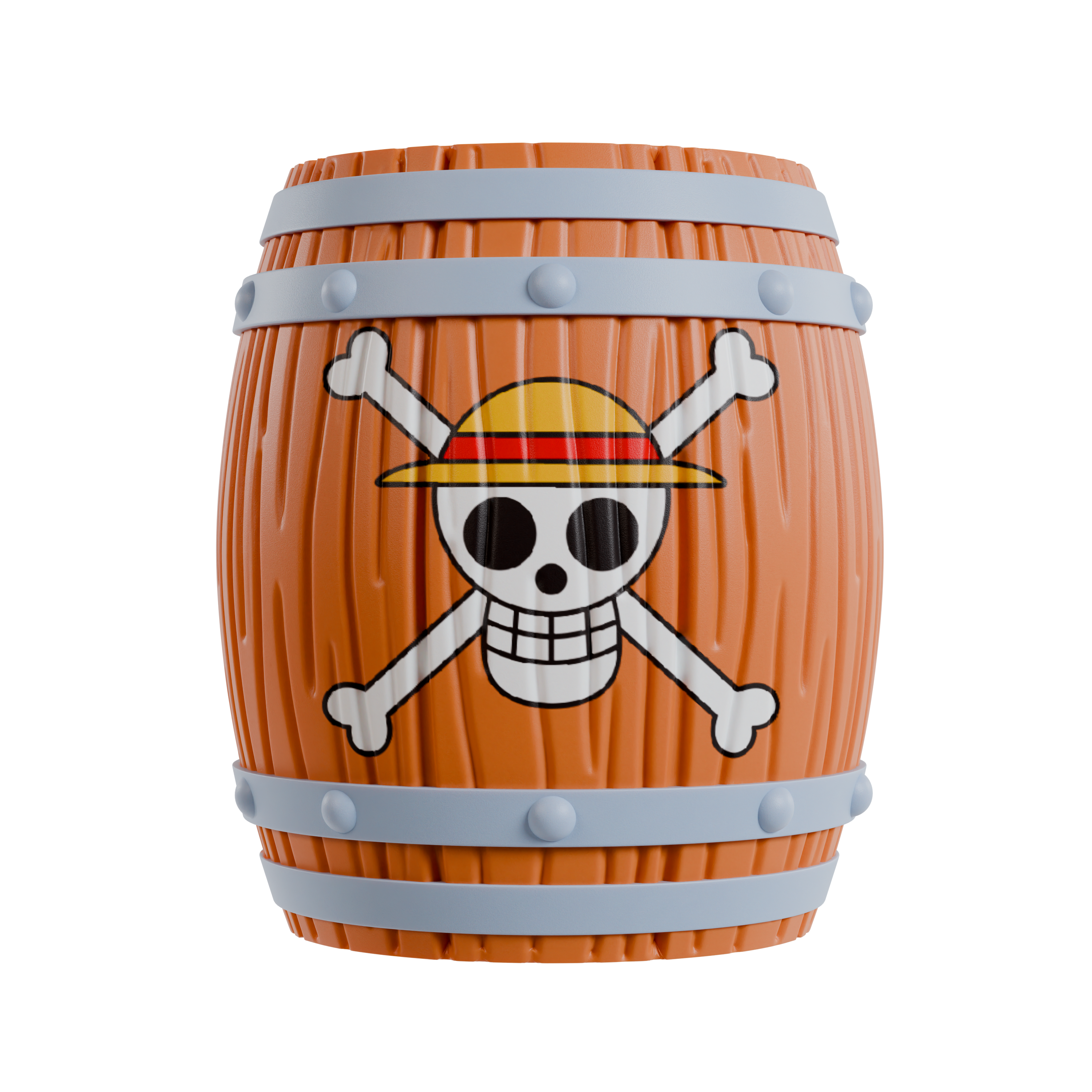 Wooden barrel with a skull and crossbones design on a white background