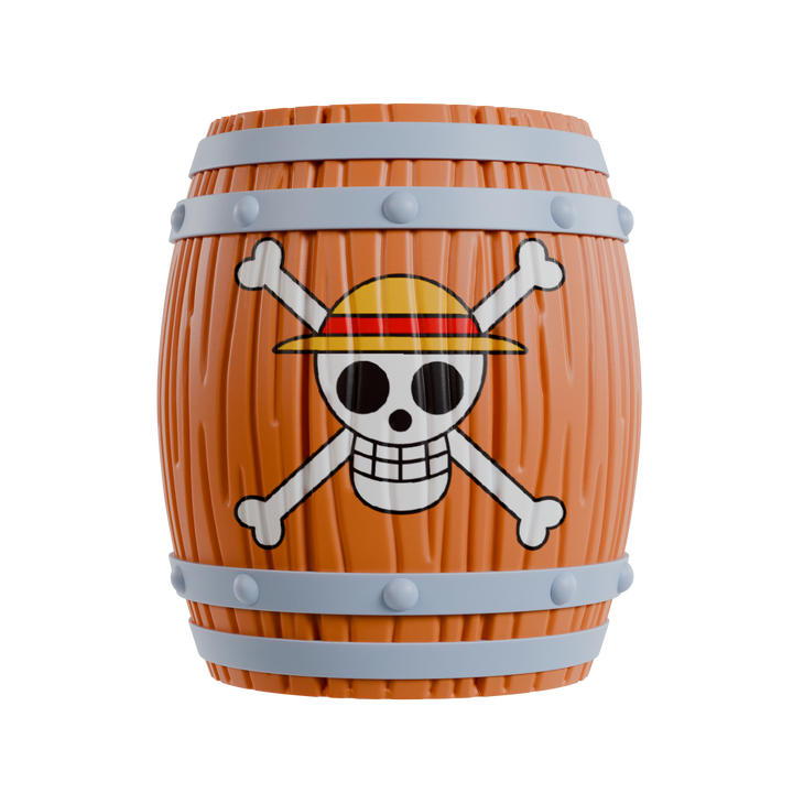 Wooden barrel with a skull and crossbones design on a white background