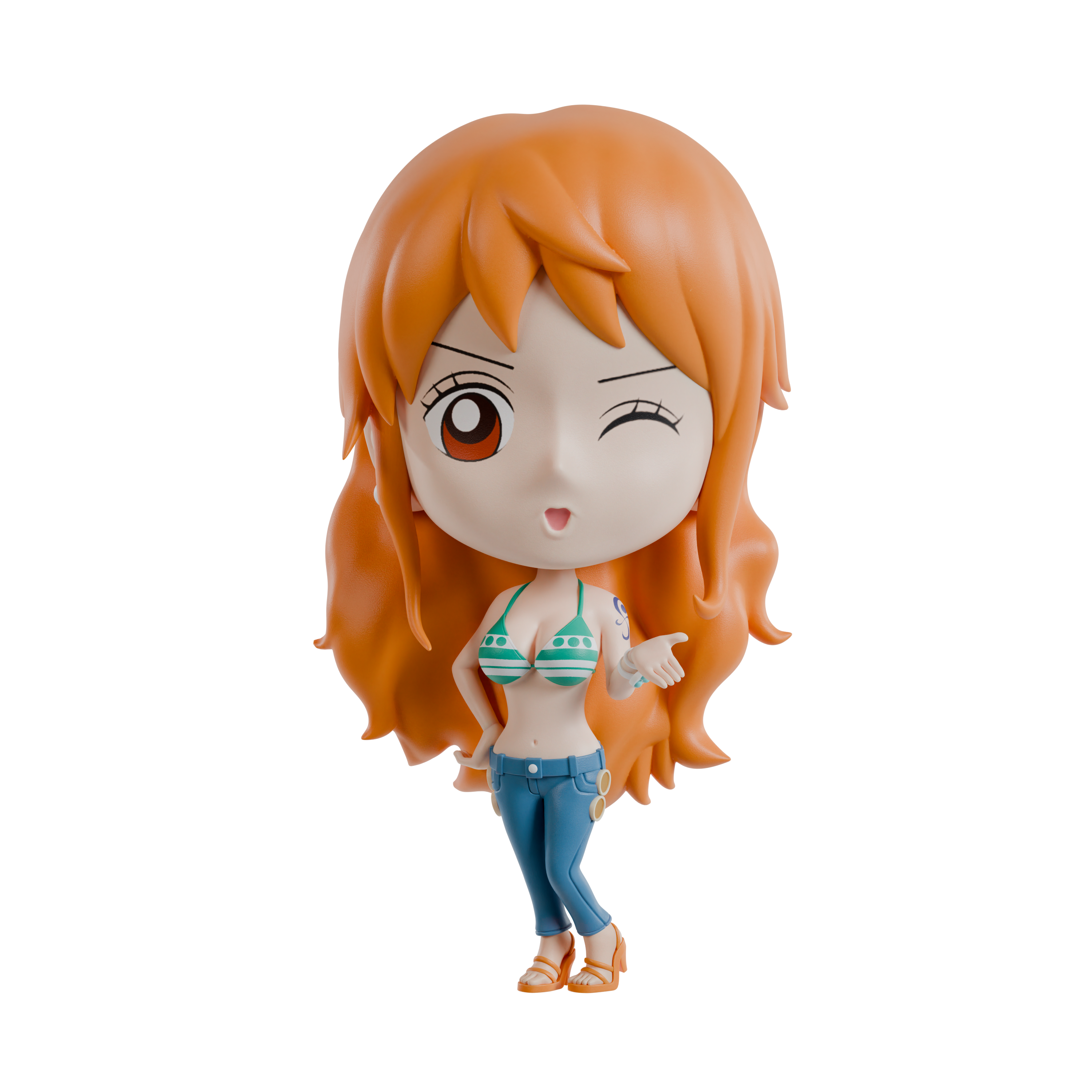 Anime character figurine with orange hair and a bikini top on a white background